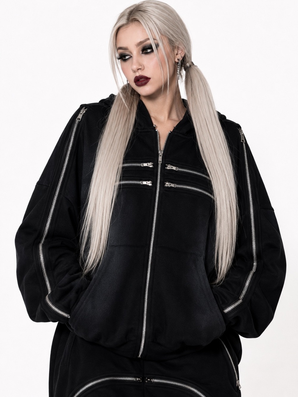 Dolls Kill Black Zip-Up Hoodie with Silver Zipper Details